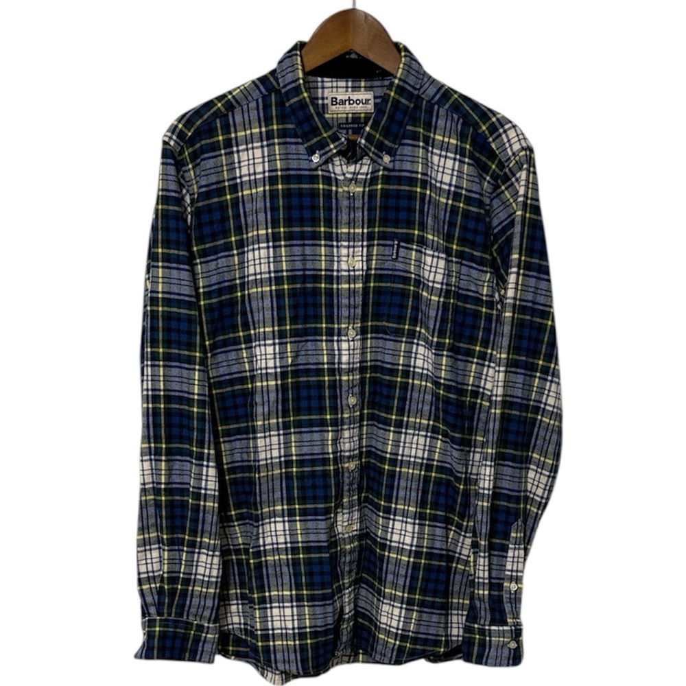Barbour Highland Check 34 Men's Tailored Flannel Button Down Shirt Bright Blue L